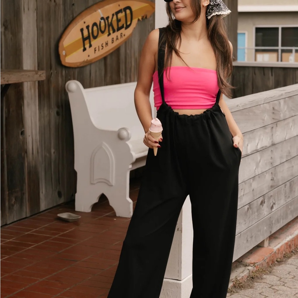 Smash + Tess Black Wide-Leg Suspender Jumpsuit with Pink Tube Top